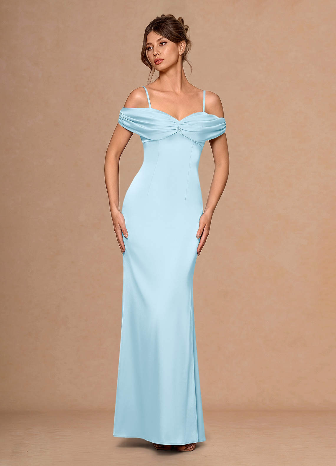 Estelle A-Line Cold-Shoulder Satin Chiffon Evening Dress in Light Blue