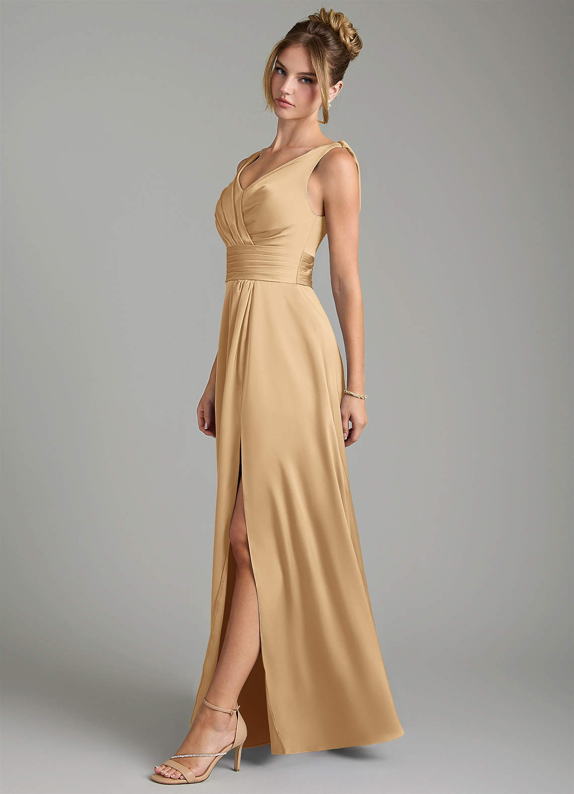 Karina A-Line V-Neck Stretch Satin Bridesmaid Dress in Gold