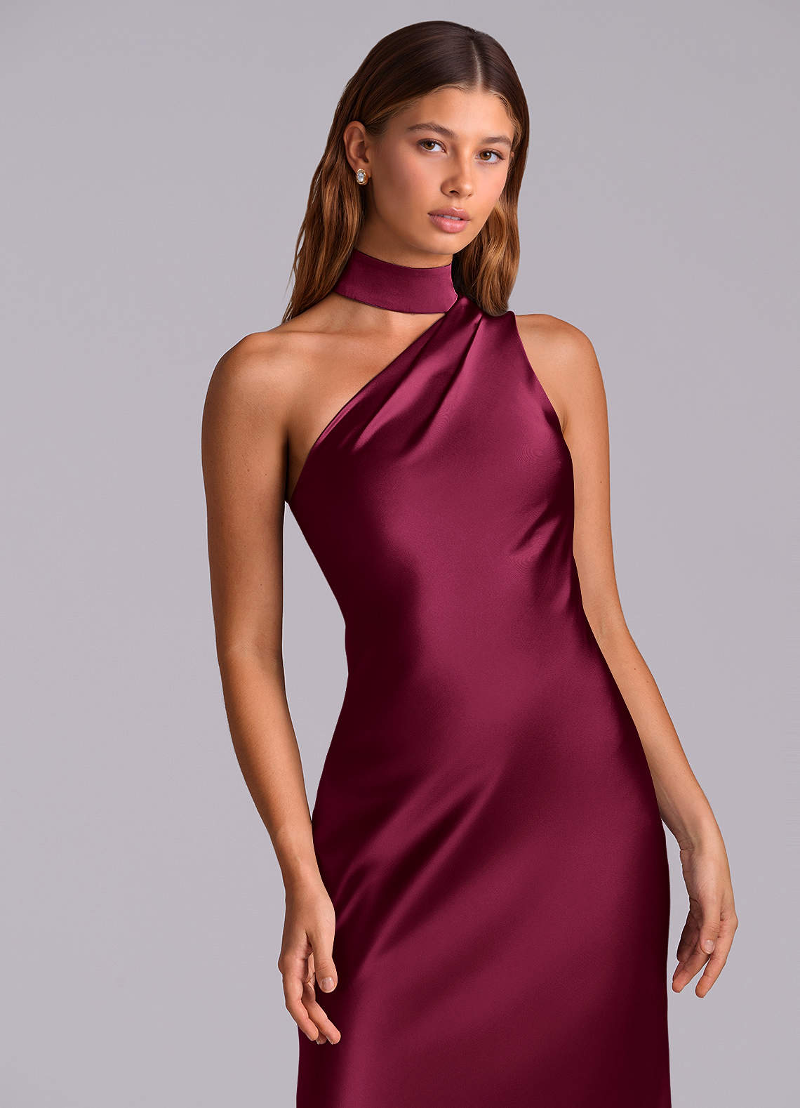 Seona Mermaid One-Shoulder Stretch Satin and Tulle Bridesmaid Dress in Burgundy
