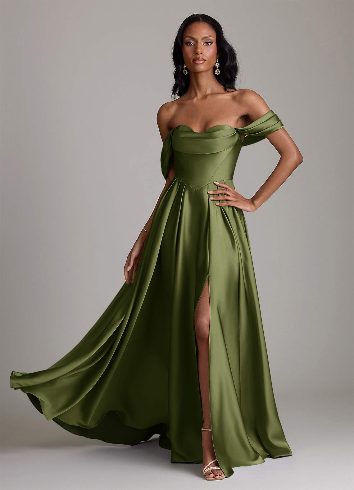Loisa A-Line Off-the-Shoulder Stretch Satin Bridesmaid Dress in Olive