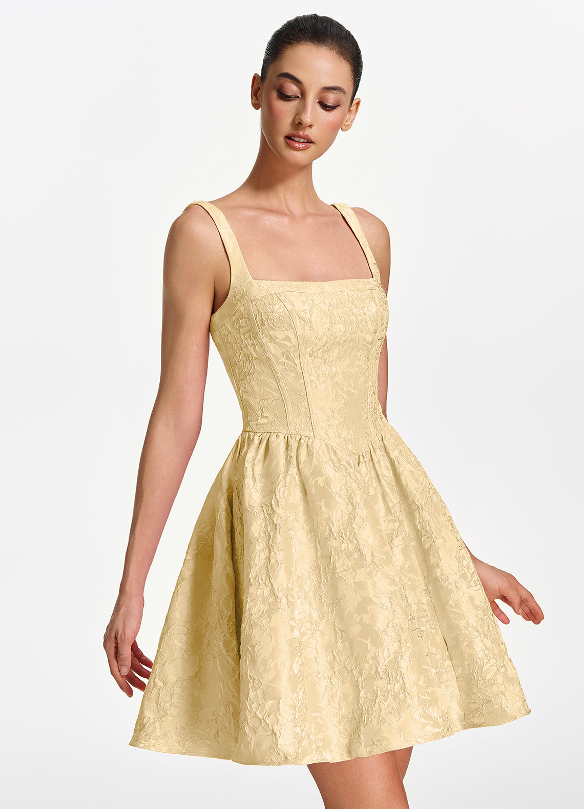 Lionelle Skater Mini Square-Neck Jacquard Prom Dress in Orange - photo 3