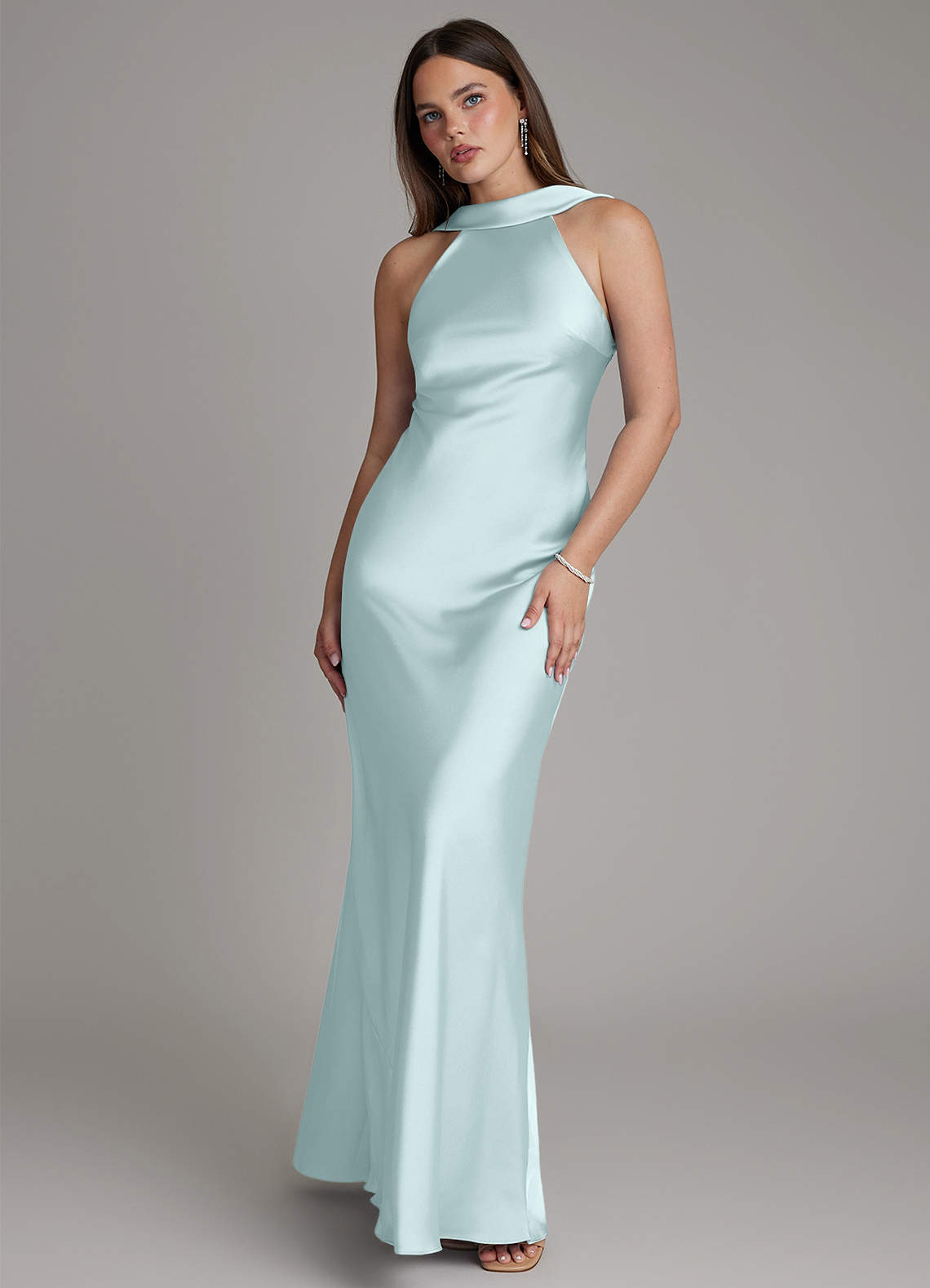 Dimitra Sheath Halter Stretch Satin Bridesmaid Dress in Mist