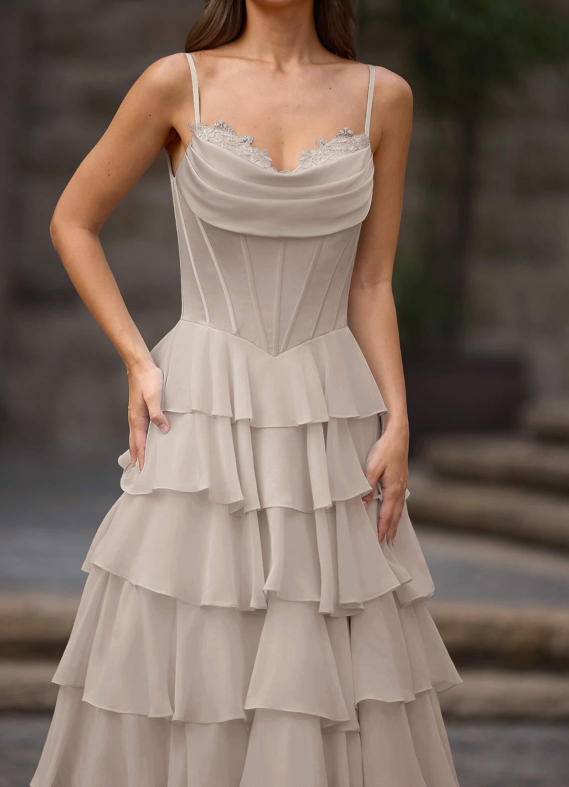 Floralace A-Line Ruffle Chiffon Evening Dress in Vanilla