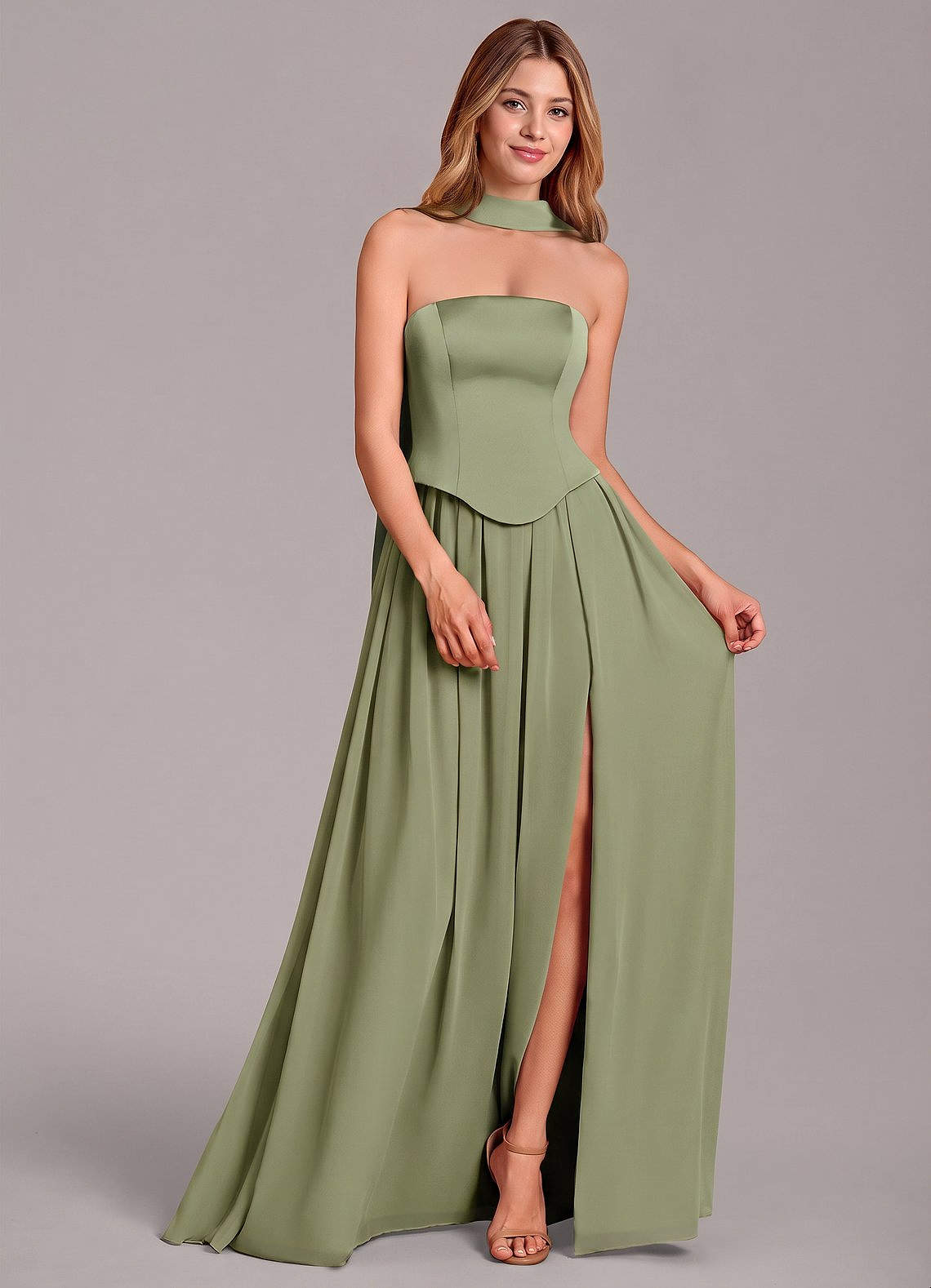 Cadence A-Line Strapless Chiffon and Stretch Satin Bridesmaid Dress in Pistachio