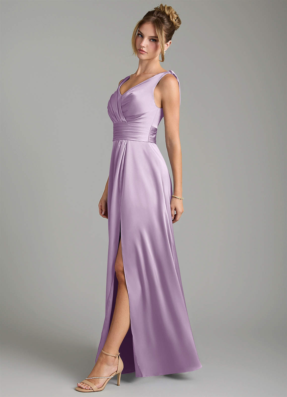 Karina A-Line V-Neck Stretch Satin Bridesmaid Dress in Frosted Lilac