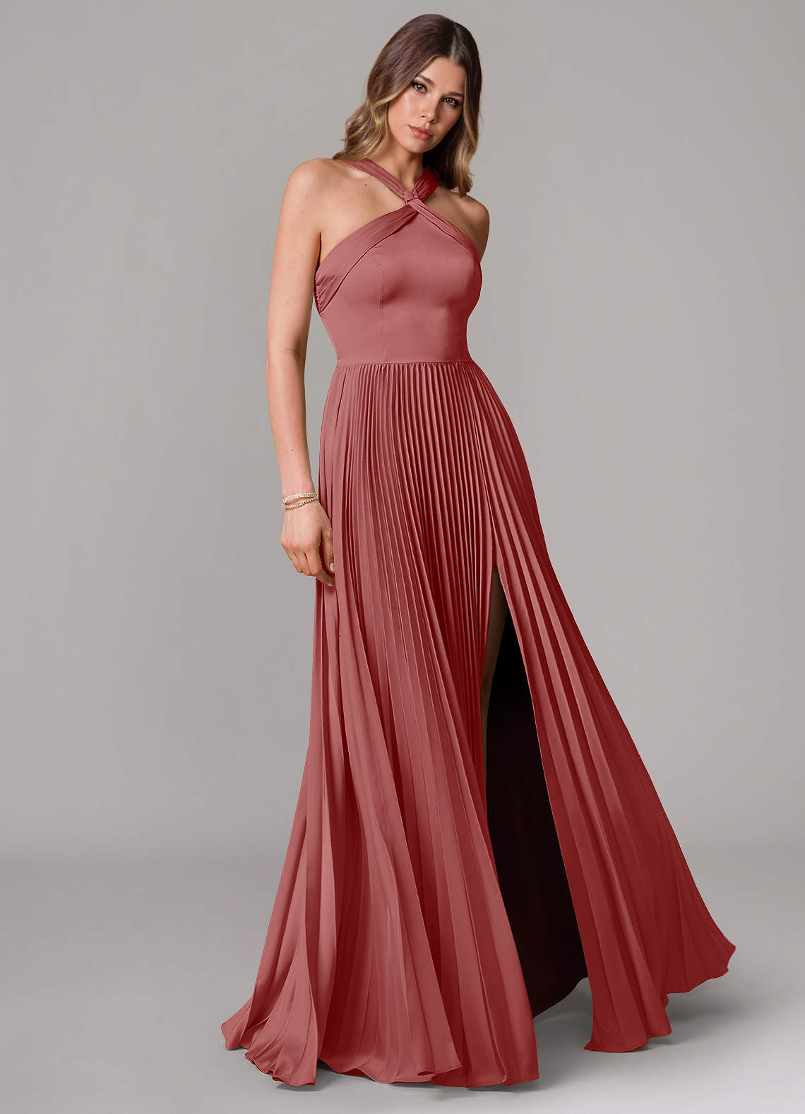 Afra A-Line Halter-Neck Stretch Satin Bridesmaid Dress in Antique Rose