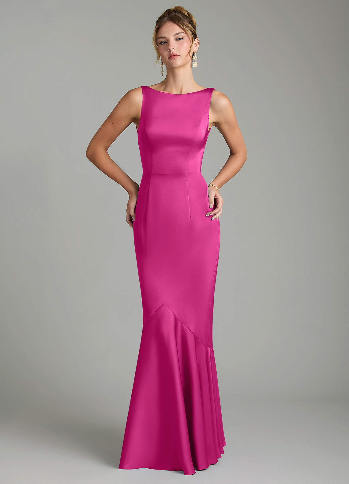 Tamera Mermaid Boat-Neck Stretch Satin and Chiffon Bridesmaid Dress in Fuchsia