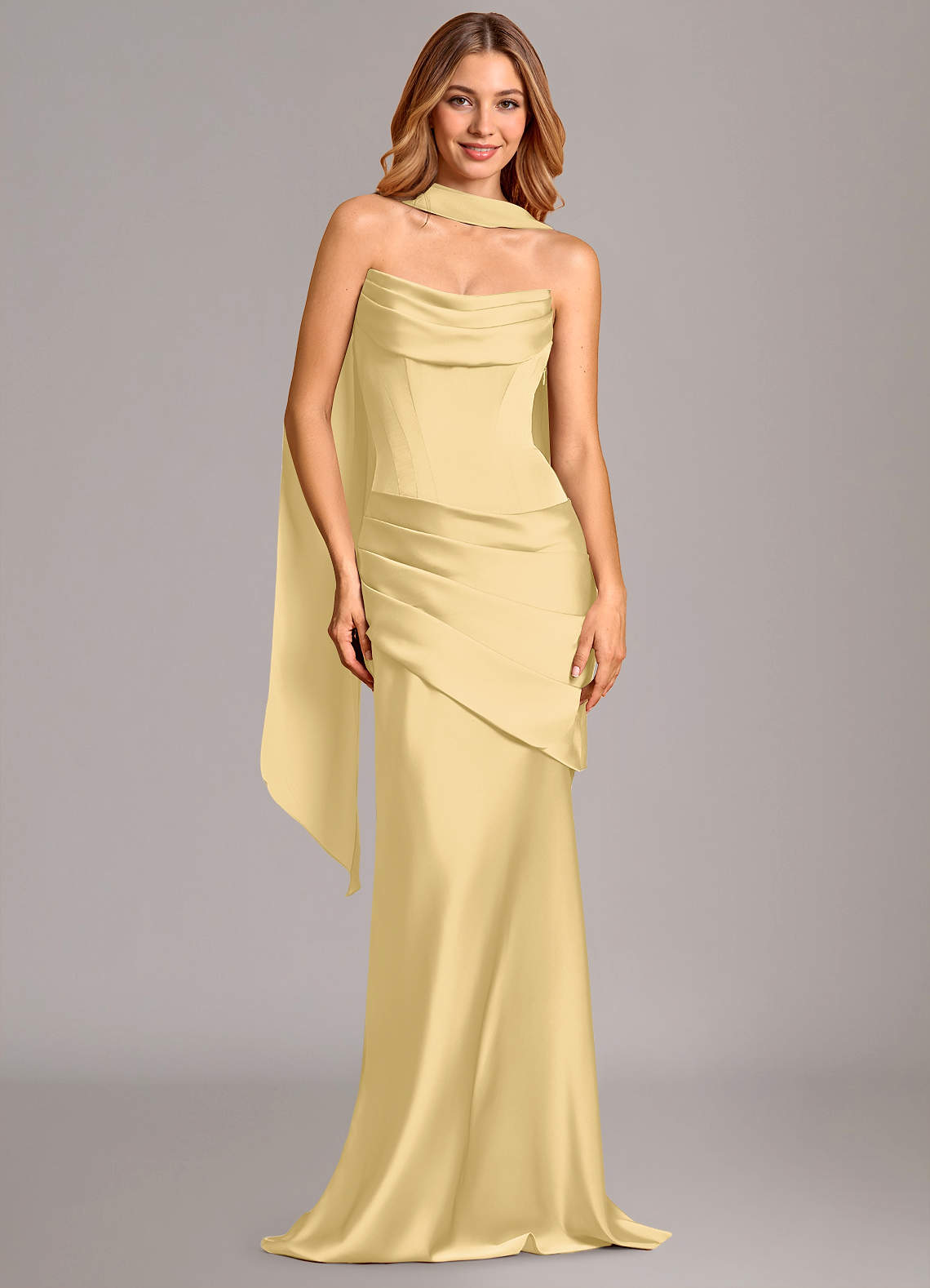 Pelagia Mermaid Cowl-Neck Stretch Satin Bridesmaid Dress in Butter