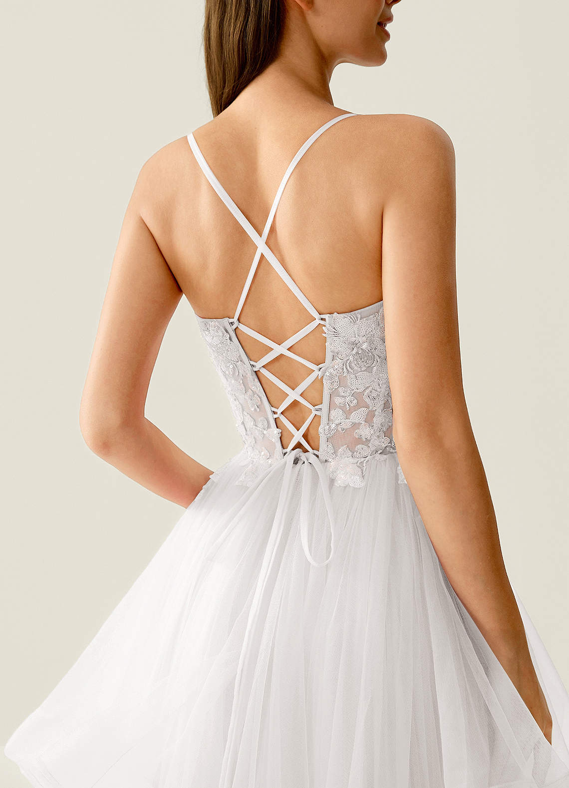 Mosaic A-Line V-Neck Tulle Evening Dress in white