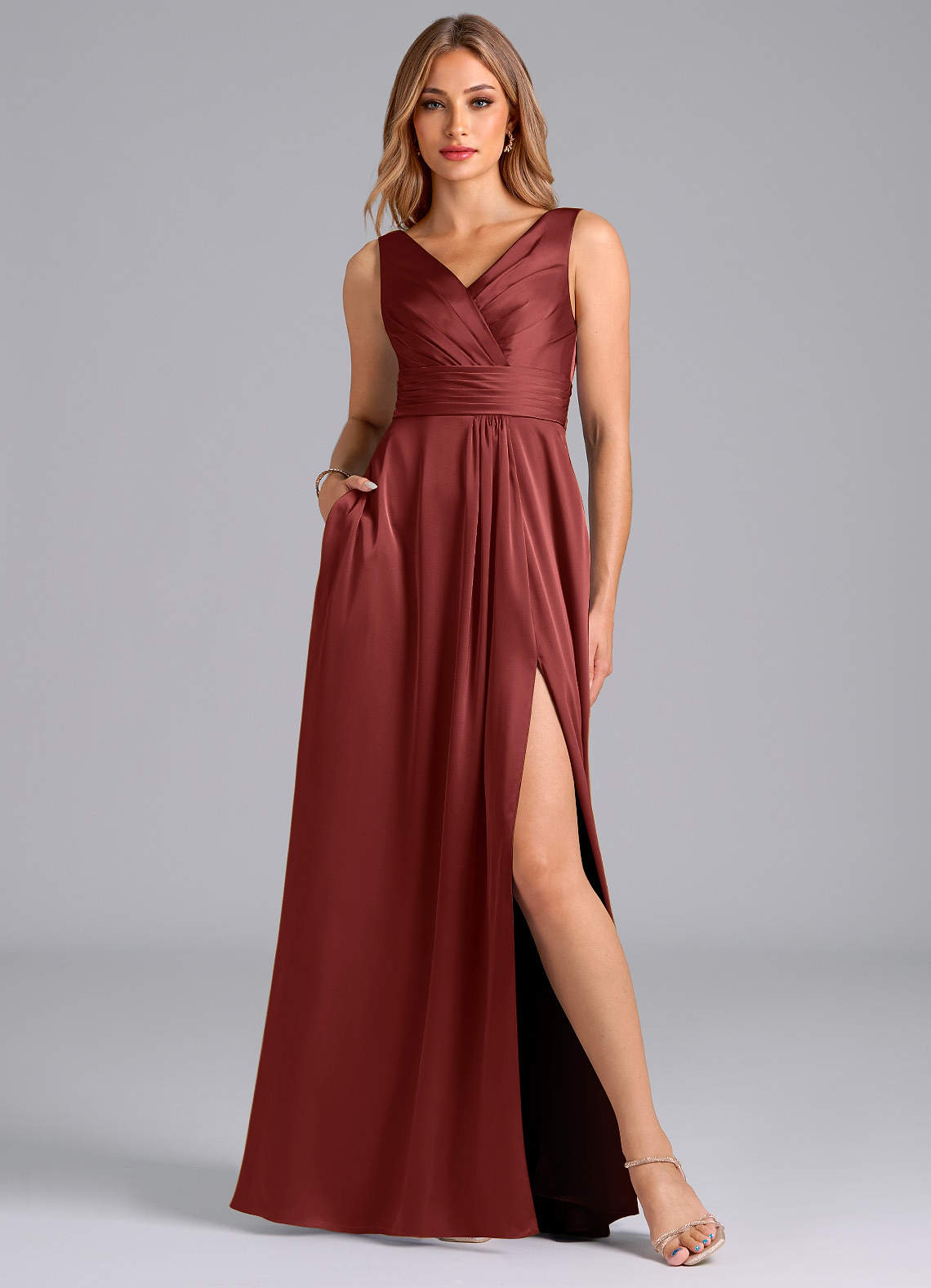 Karina A-Line V-Neck Stretch Satin Bridesmaid Dress in Terracotta
