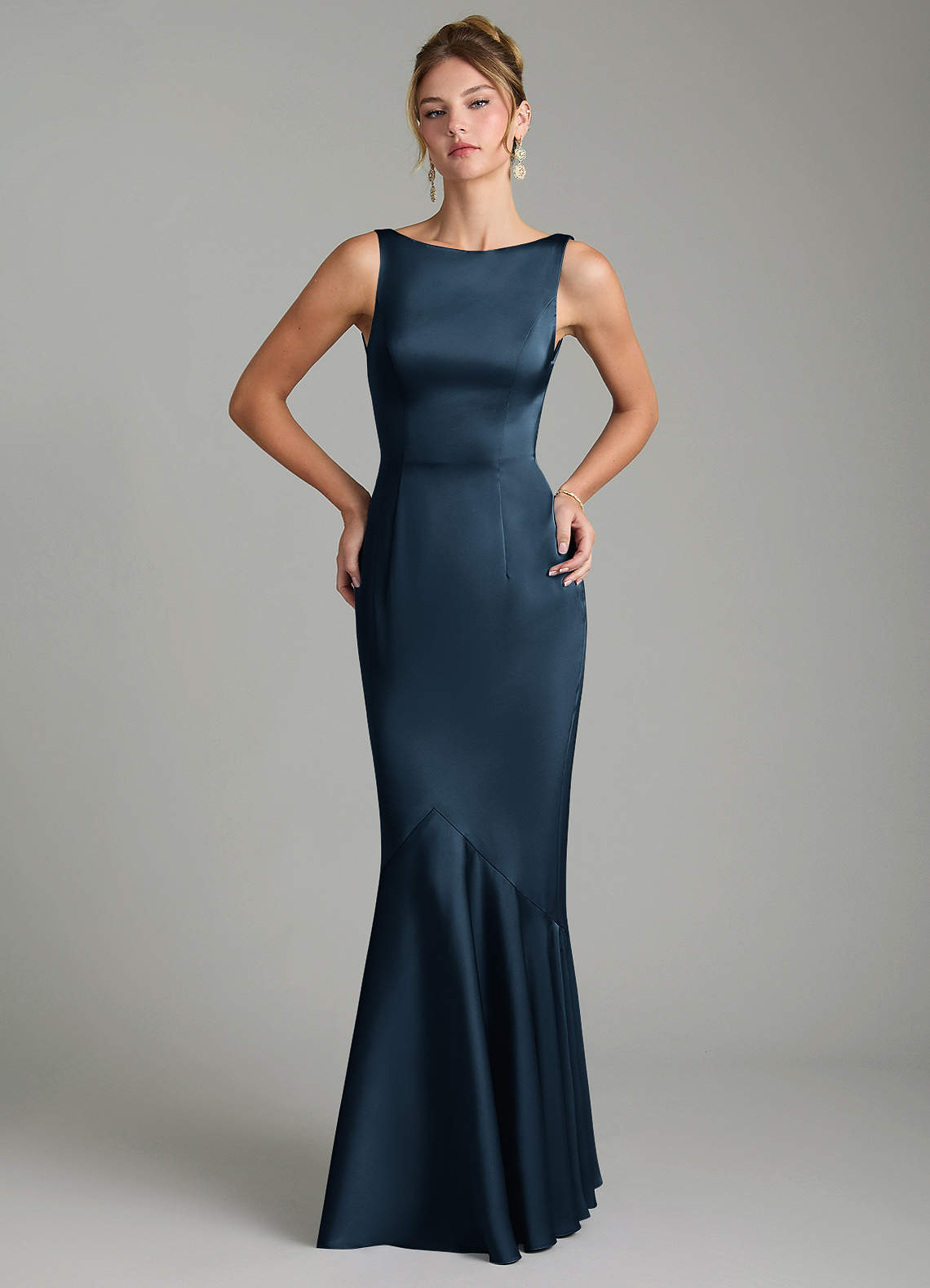 Tamera Mermaid Boat-Neck Stretch Satin and Chiffon Bridesmaid Dress in Dark Navy