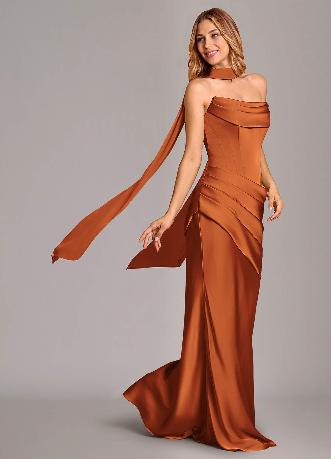 Pelagia Mermaid Cowl-Neck Stretch Satin Bridesmaid Dress in Cinnamon