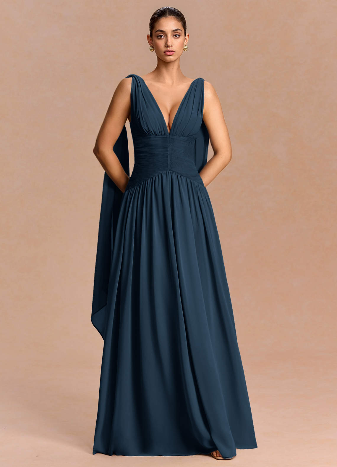 Eluney A-Line V-Neck Chiffon Evening Dress in Navy