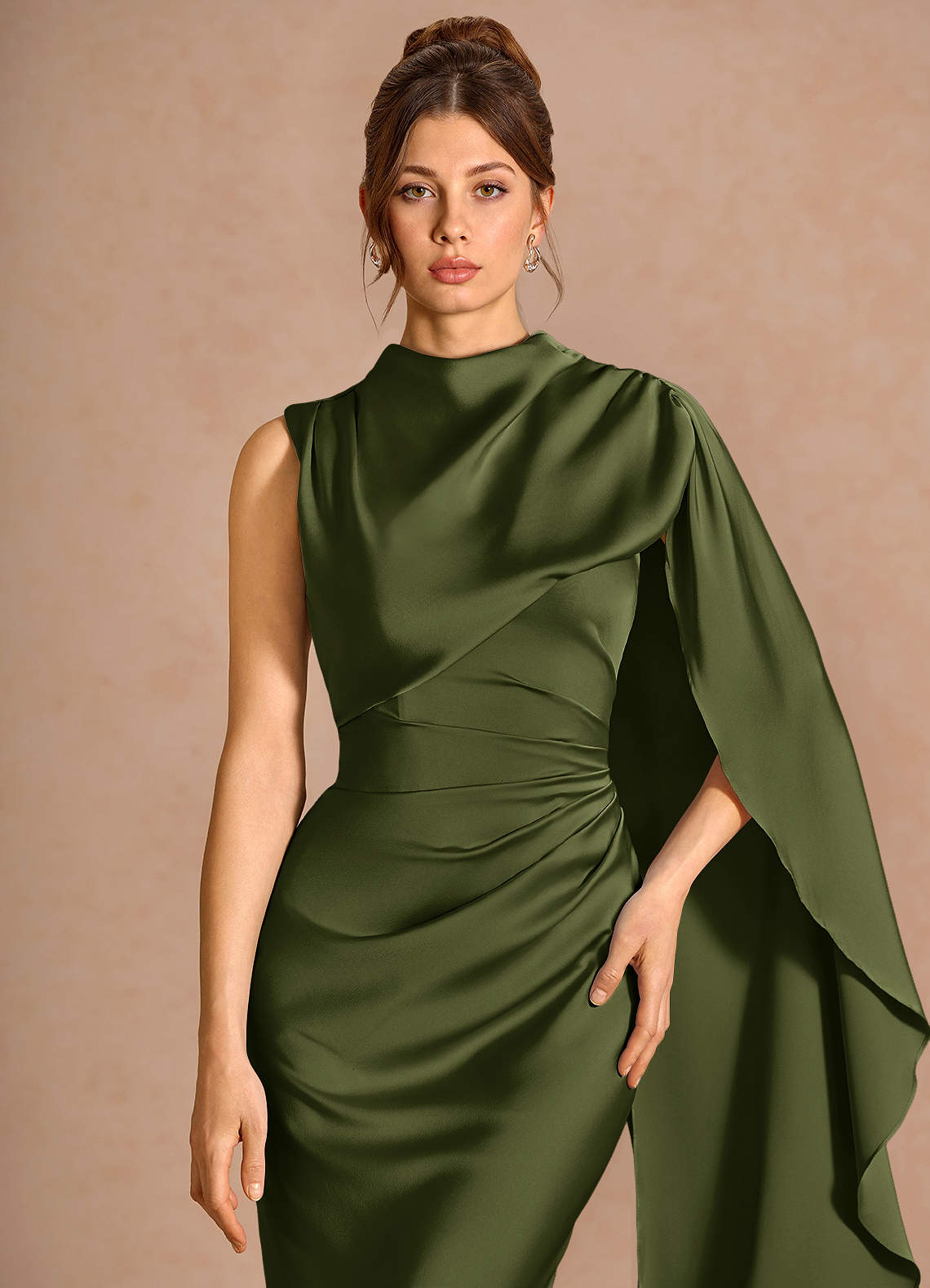 Chesney Cape-Sleeve Pleated Stretch Satin Wedding Guest Dress in Olive