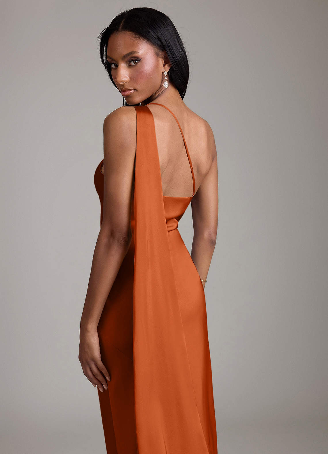 Juniper Mermaid One-Shoulder Stretch Satin Bridesmaid Dress in Burnt Orange