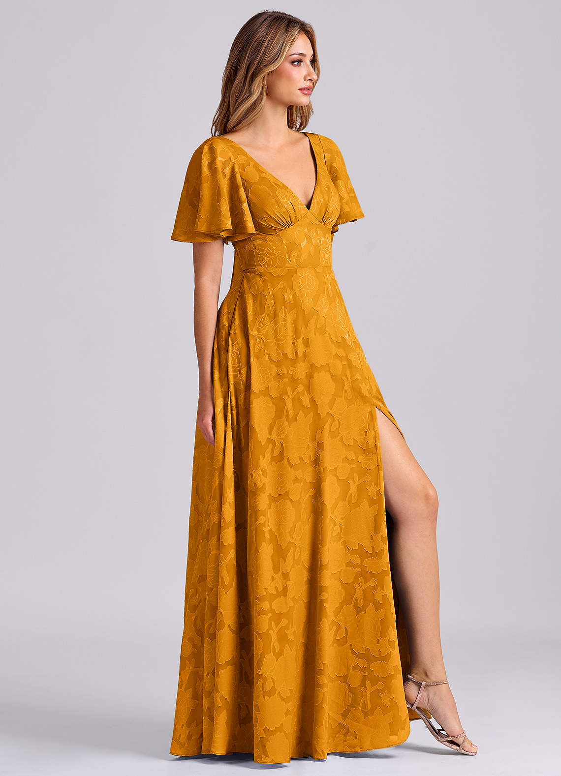 Kimber A-Line V-Neck Floral Burnout Bridesmaid Dress in butterscotch