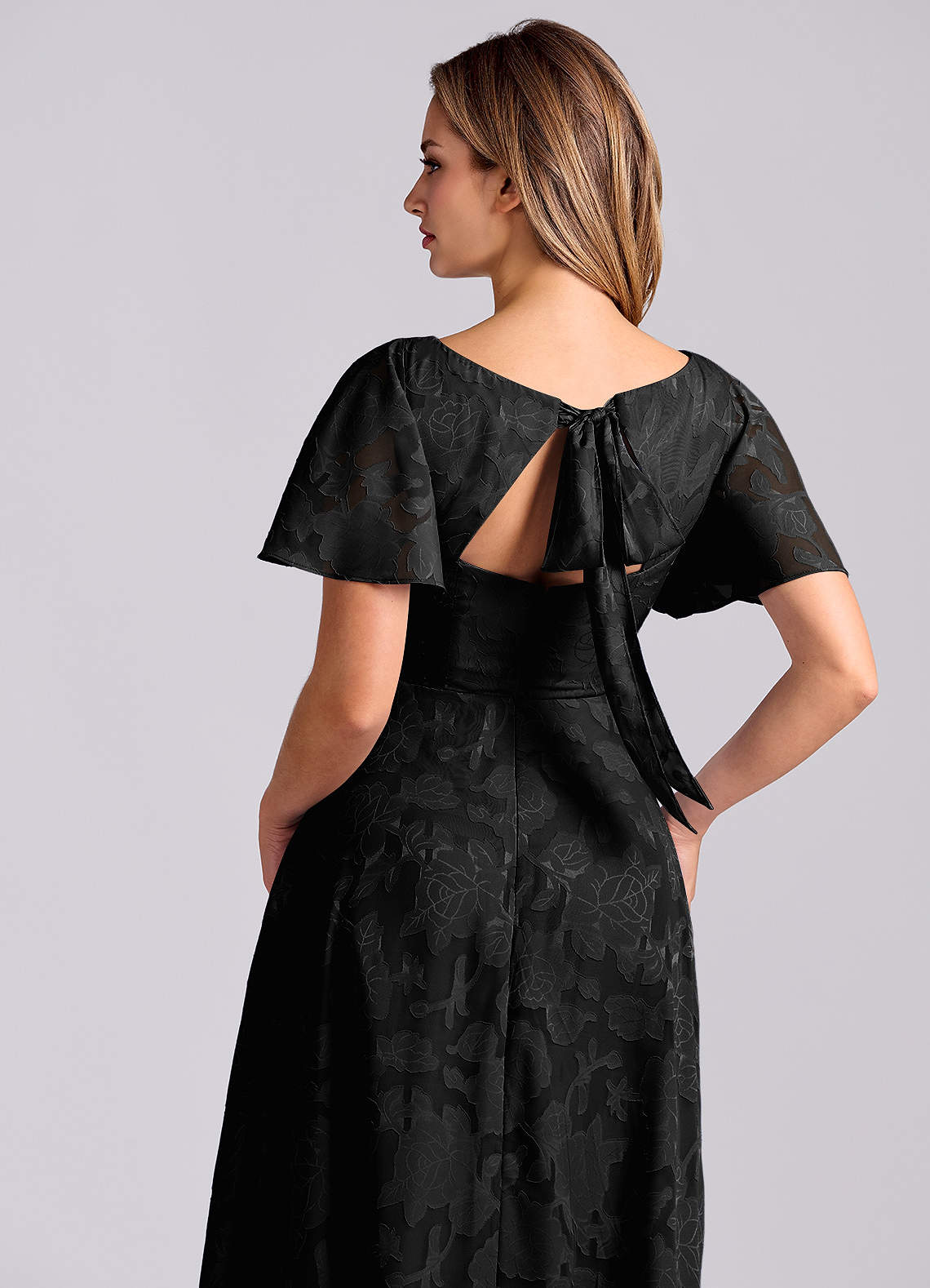 Kimber A-Line V-Neck Floral Burnout Bridesmaid Dress in black