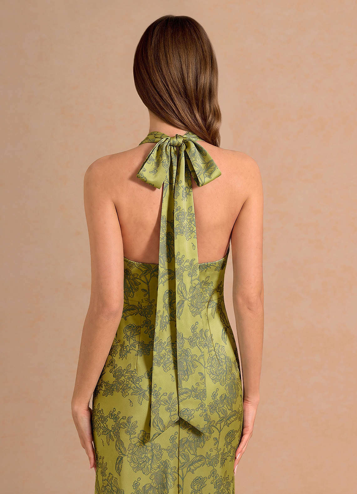 Ottoline Plunging V-Neck Open-Back Jacquard Evening Dress in Moss Navy