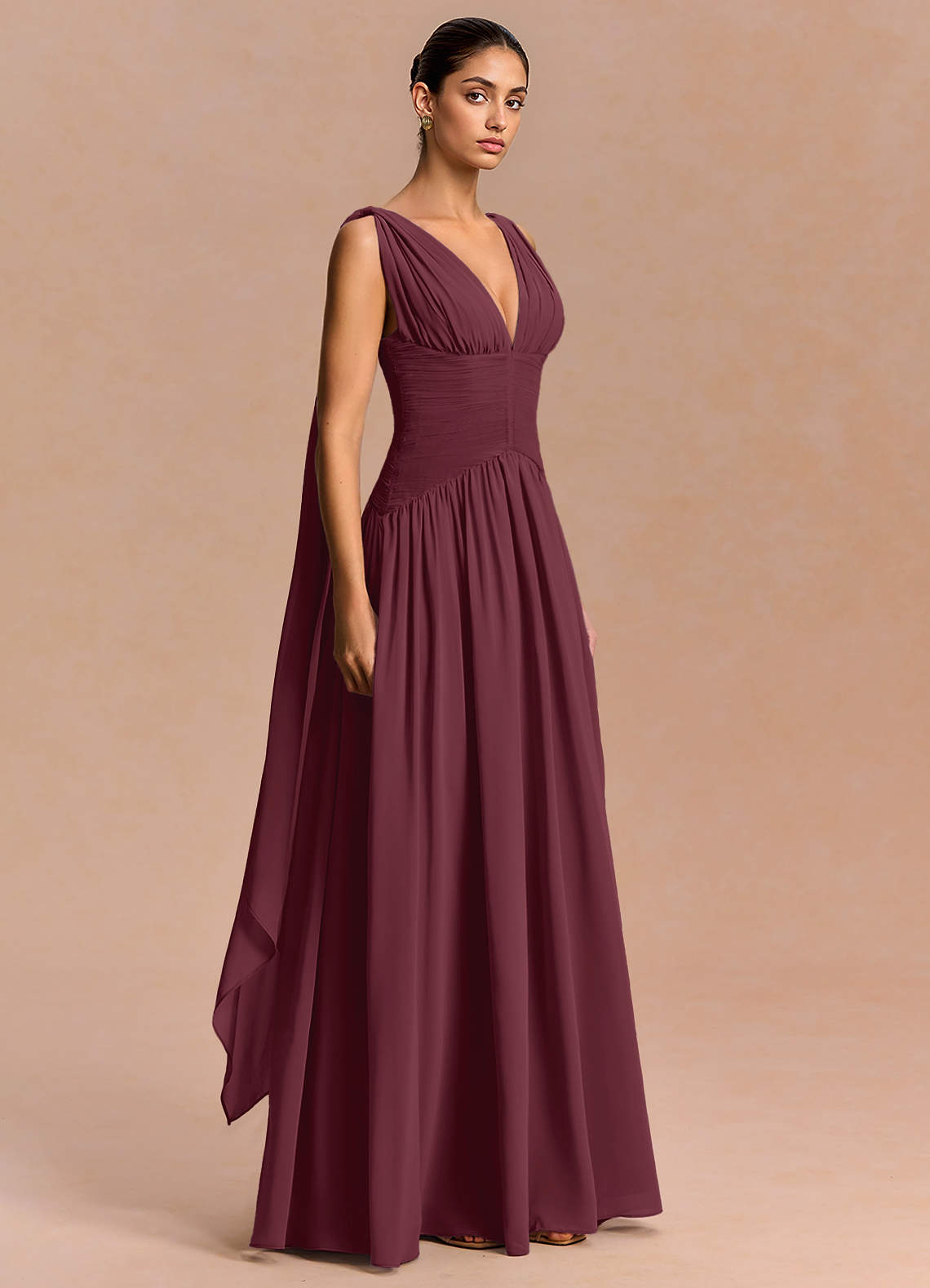 Eluney A-Line V-Neck Chiffon Evening Dress in Wine