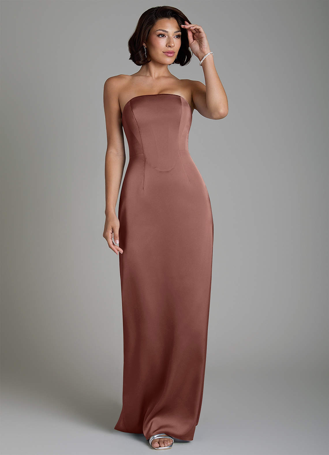 Fallyn Sheath Strapless Stretch Satin Bridesmaid Dress in Espresso