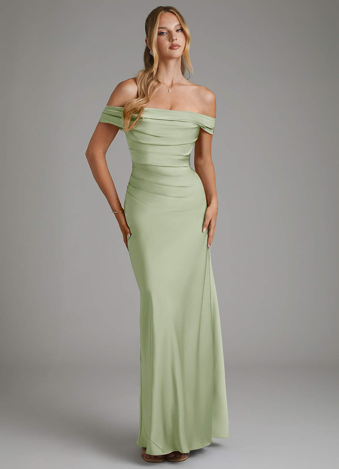 Hayden Mermaid Off-the-Shoulder Stretch Satin Bridesmaid Dress in Dusty Sage