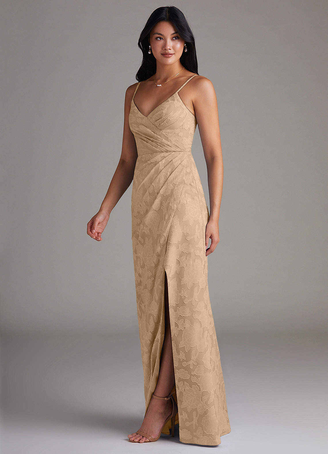 Maci Sheath V-Neck Floral Burnout Bridesmaid Dress in Champagne