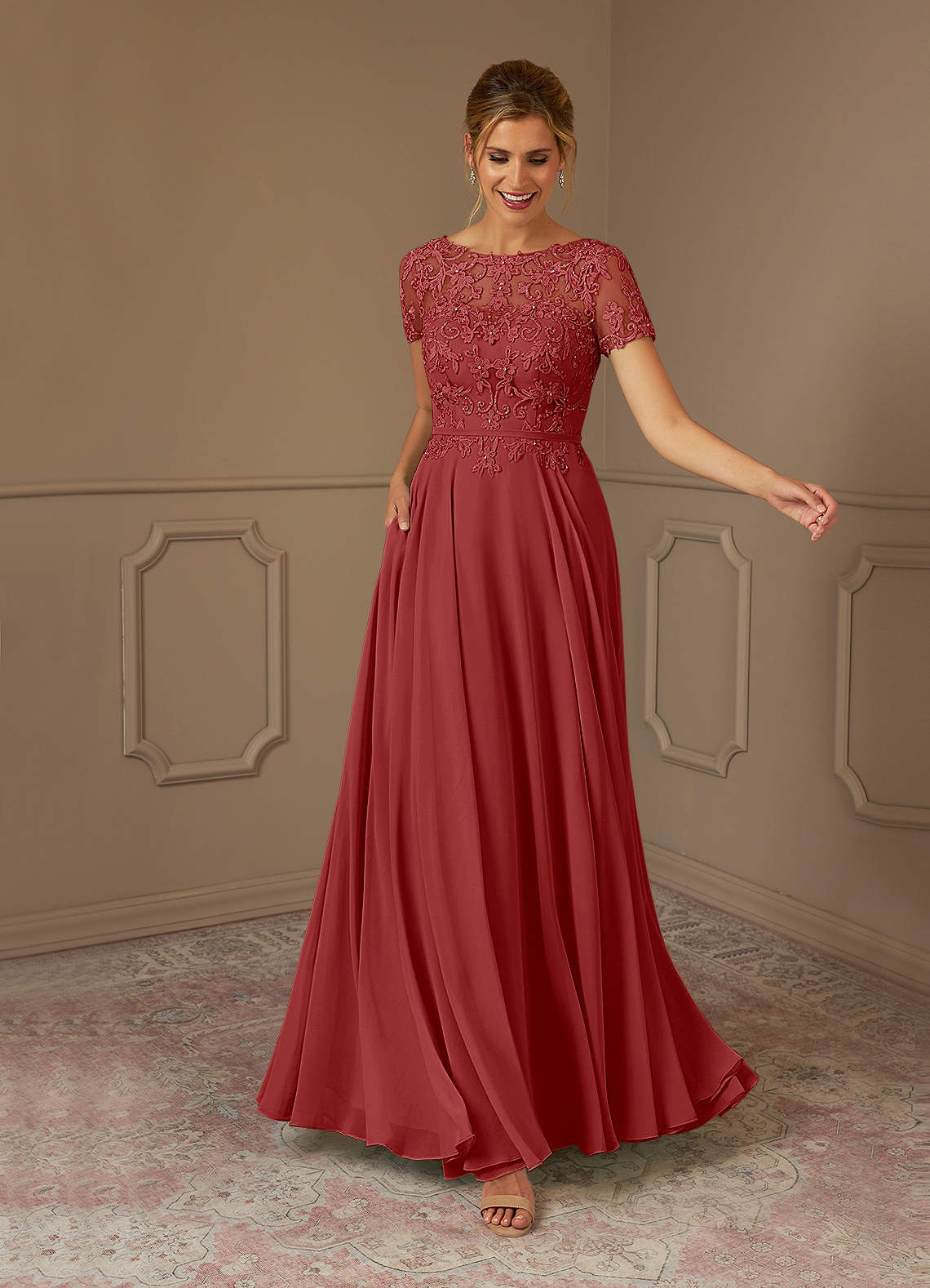 Adina A-Line Boat-Neck Chiffon Mother of the Bride Dress in Rust
