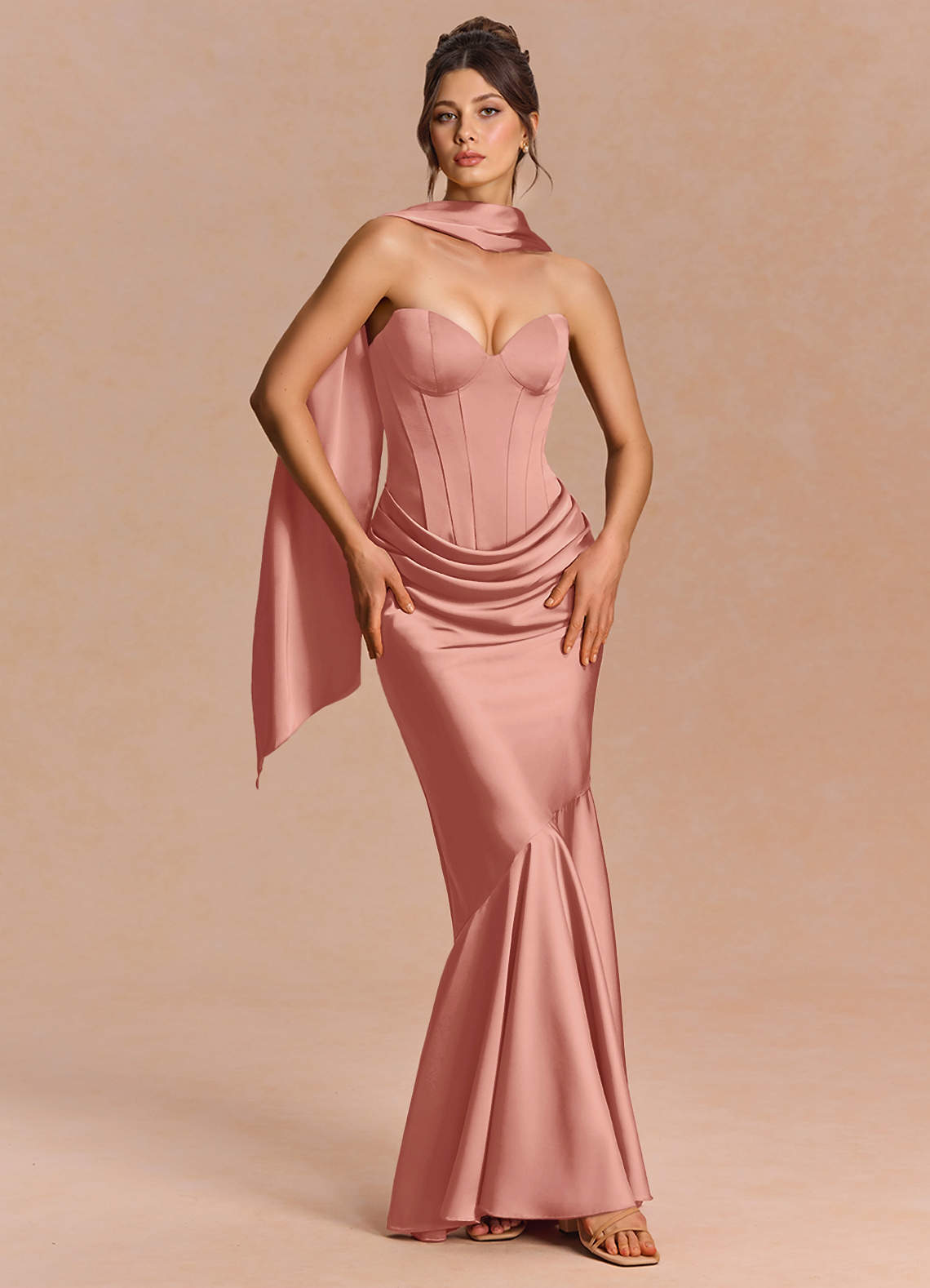 Euphemia Mermaid Strapless Stretch Satin Evening Dress in Rosette