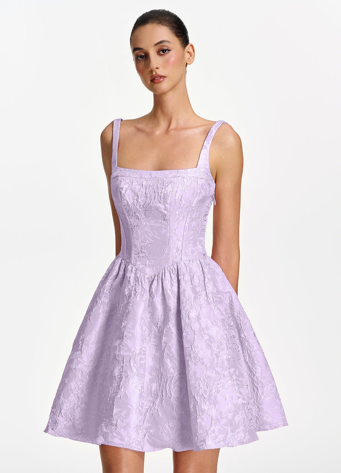 Lionelle Skater Mini Square-Neck Jacquard Prom Dress in Light Purple