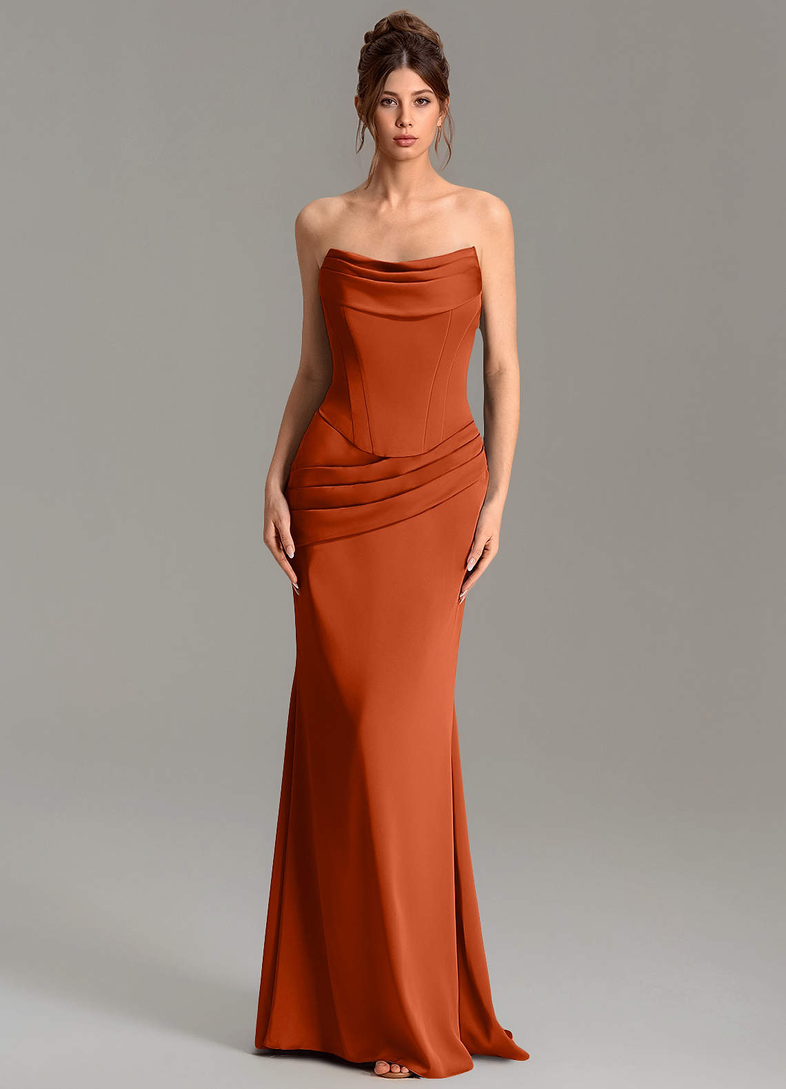 Adrienne Mermaid Cowl-Neck Stretch Satin Bridesmaid Dress in Paprika