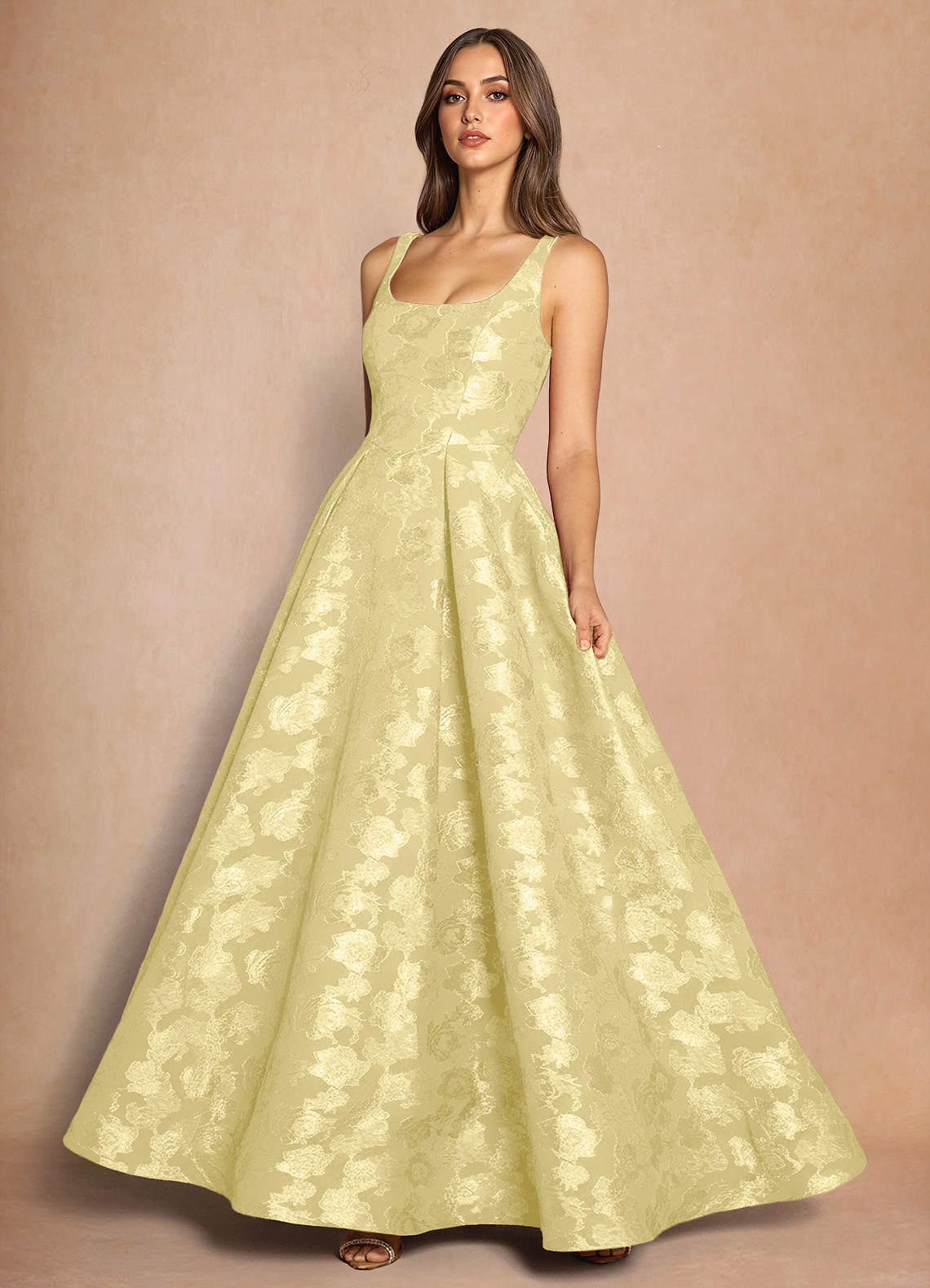 Briac A-Line Scoop-Neck Fil Coupé Evening Dress in Lemon Sorbet