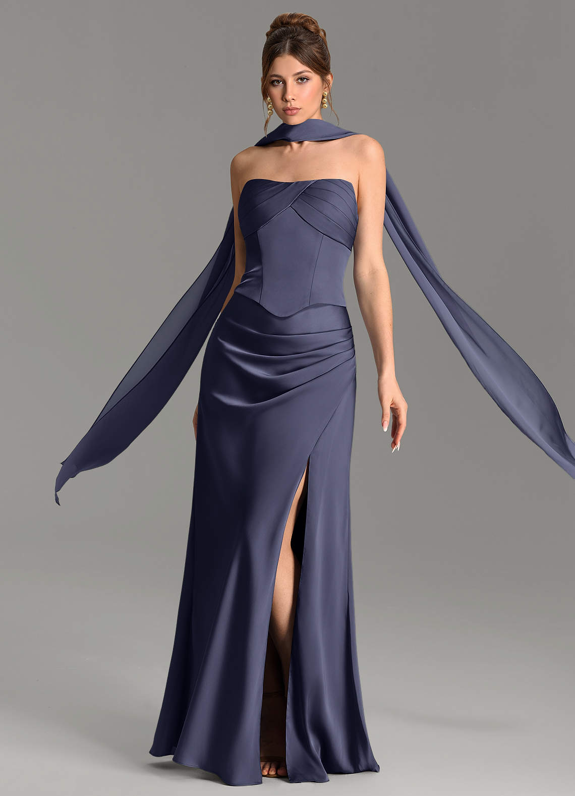 Nicki Sheath Scoop-Neck Stretch Satin Bridesmaid Dress in Stormy
