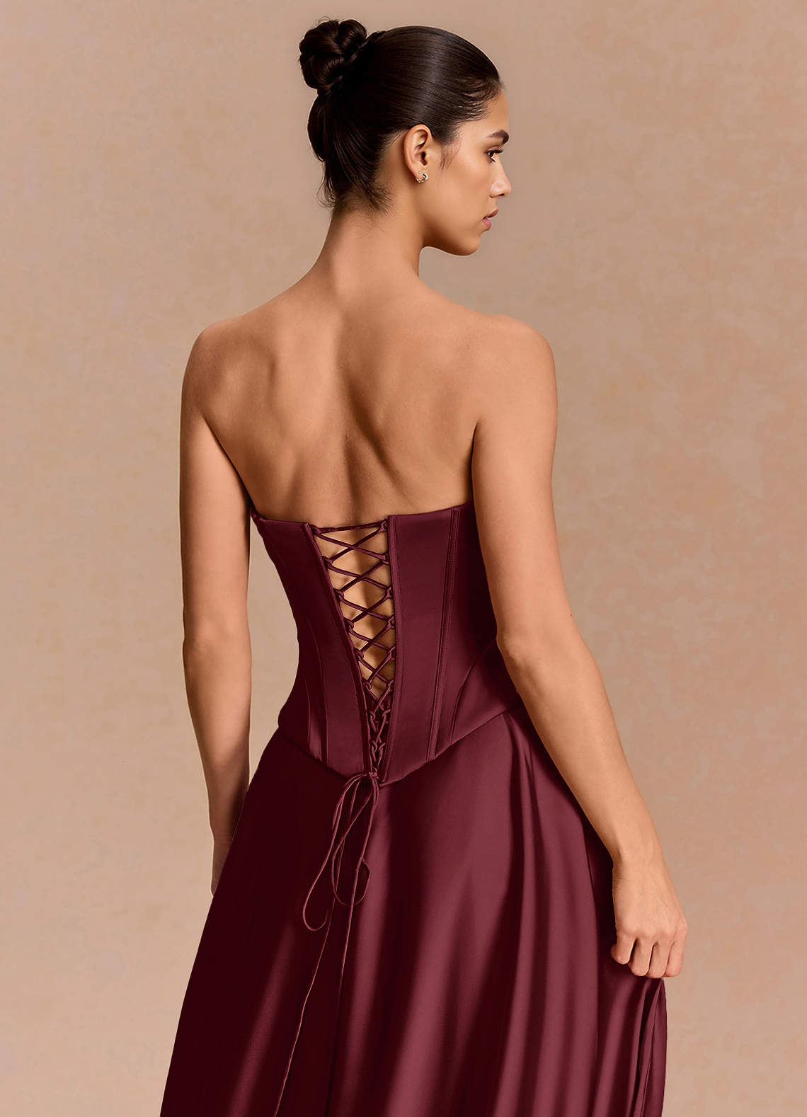 Eponine A-Line Pleated Stretch Satin Evening Dress in Wine
