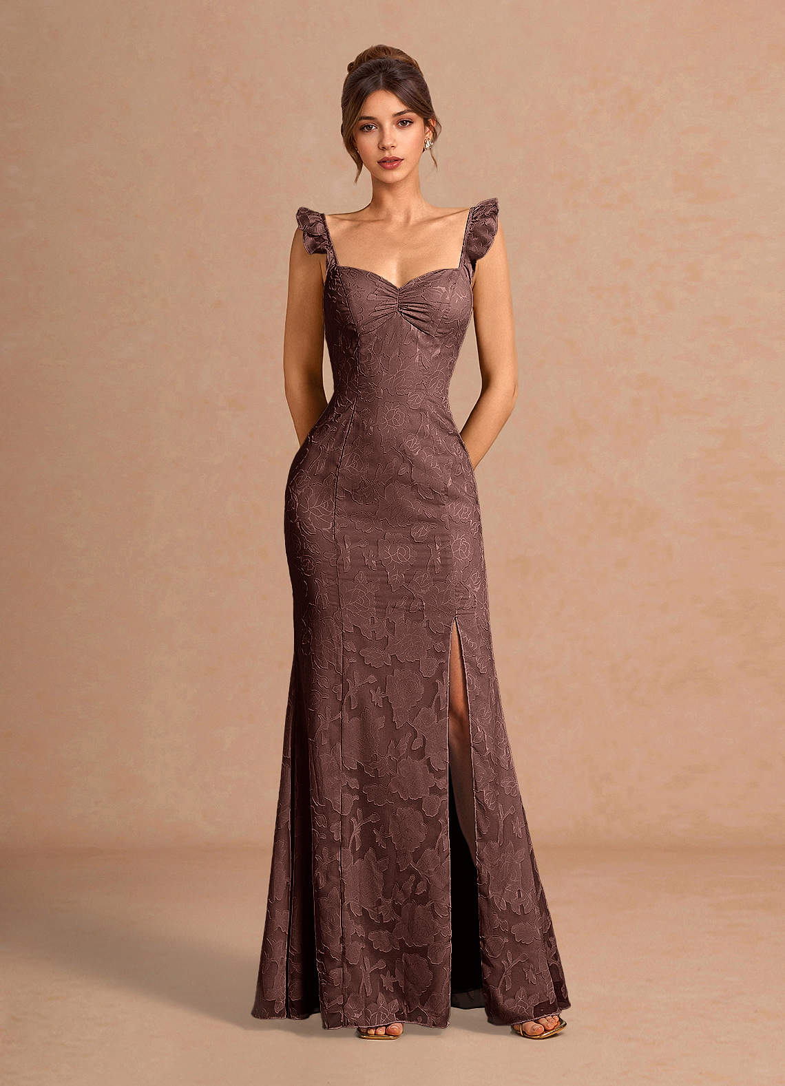 Romilly Mermaid Ruffled Chiffon Burnout Evening Dress in Mocha Coco