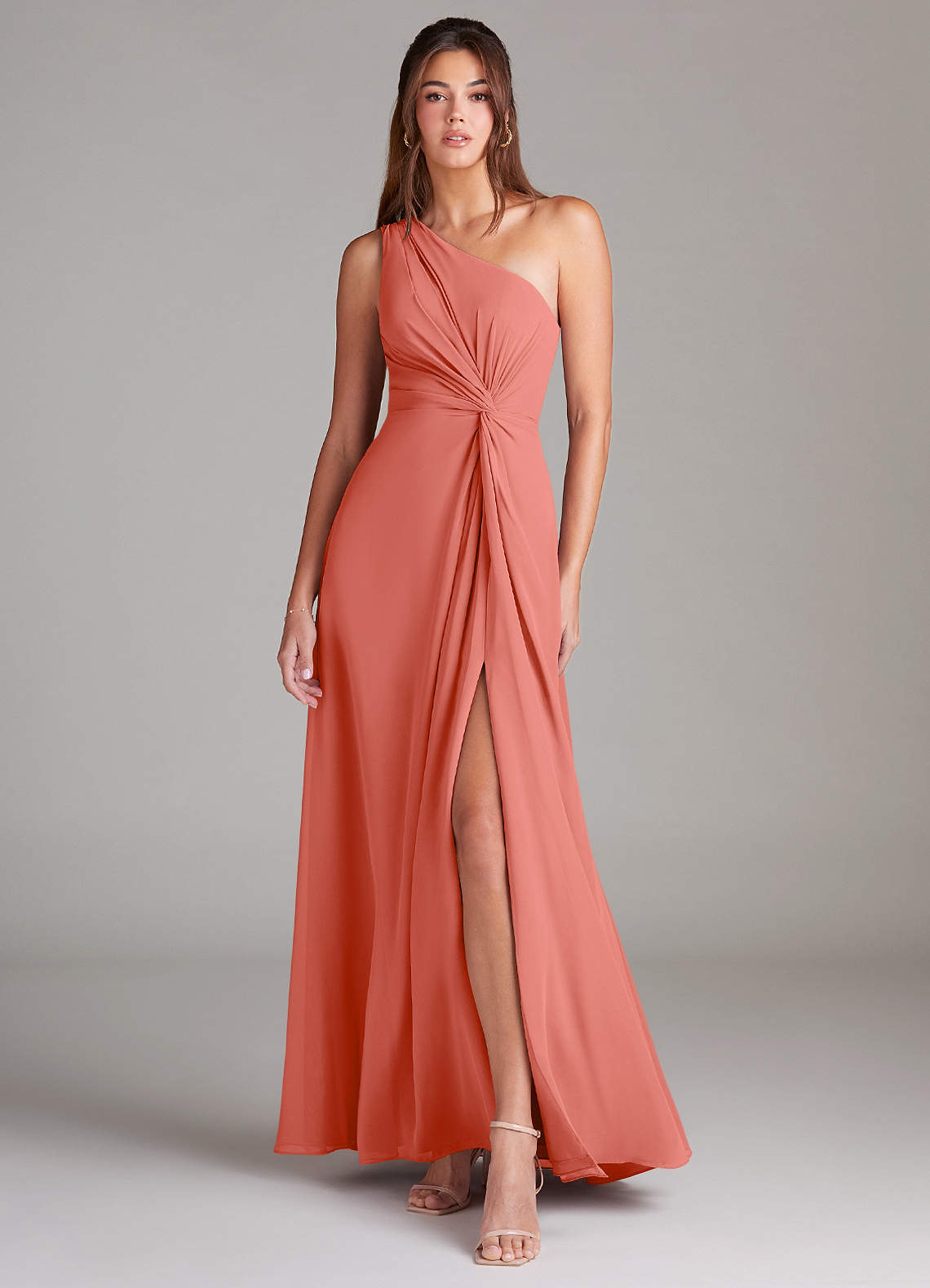 Brooke A-Line One-Shoulder Chiffon Bridesmaid Dress in Salmon Pink