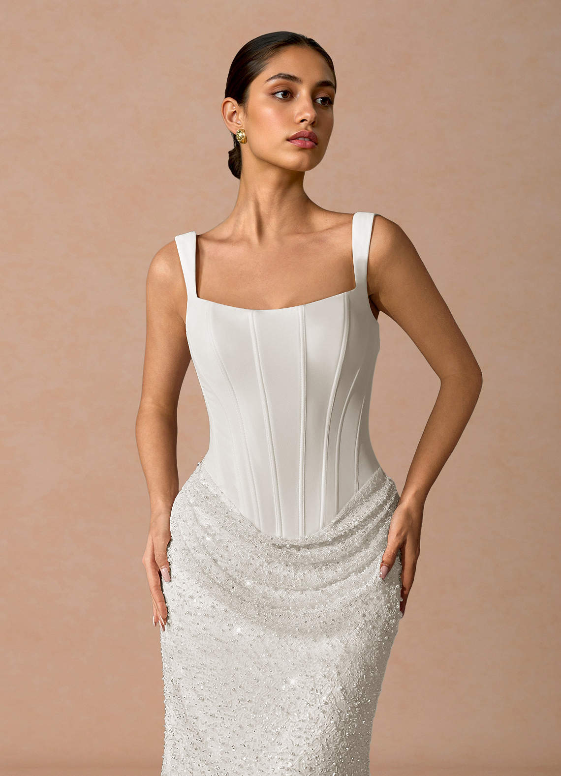 Niamh A-Line Square-Neck Chiffon Tulle Evening Dress in White