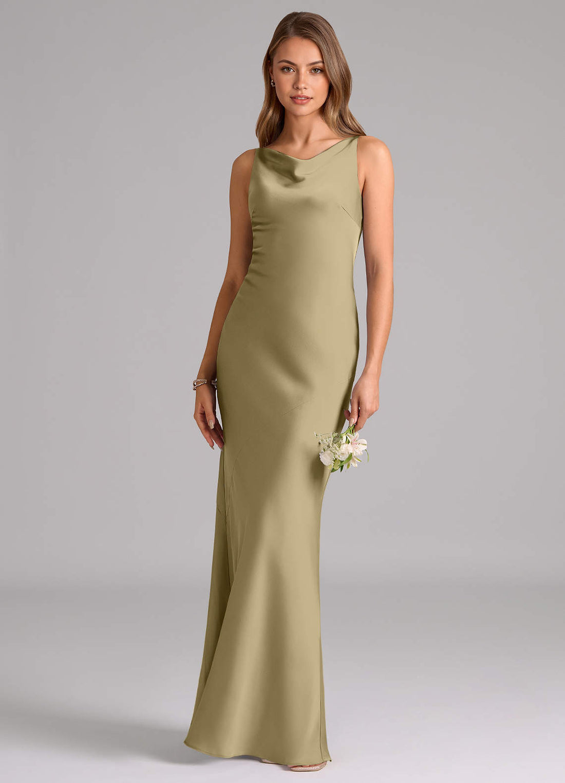 Allettie Mermaid Scoop-Neck Stretch Satin Bridesmaid Dress in Champagne