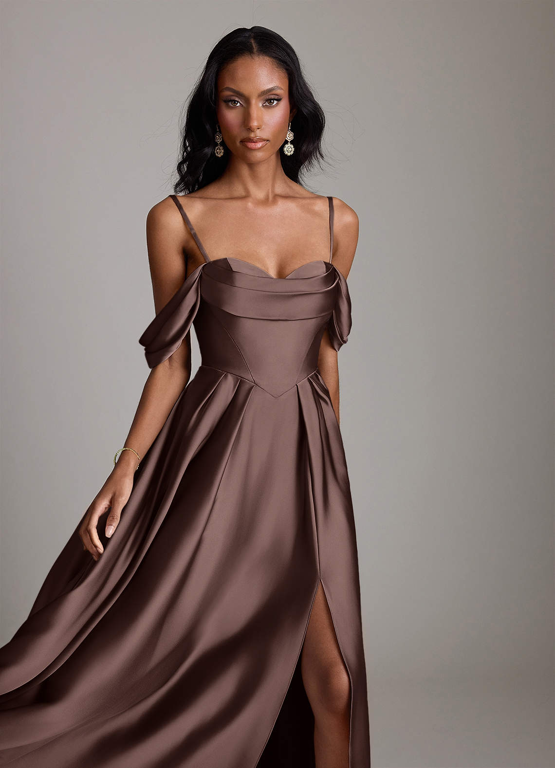 Loisa A-Line Off-the-Shoulder Stretch Satin Bridesmaid Dress in Ganache