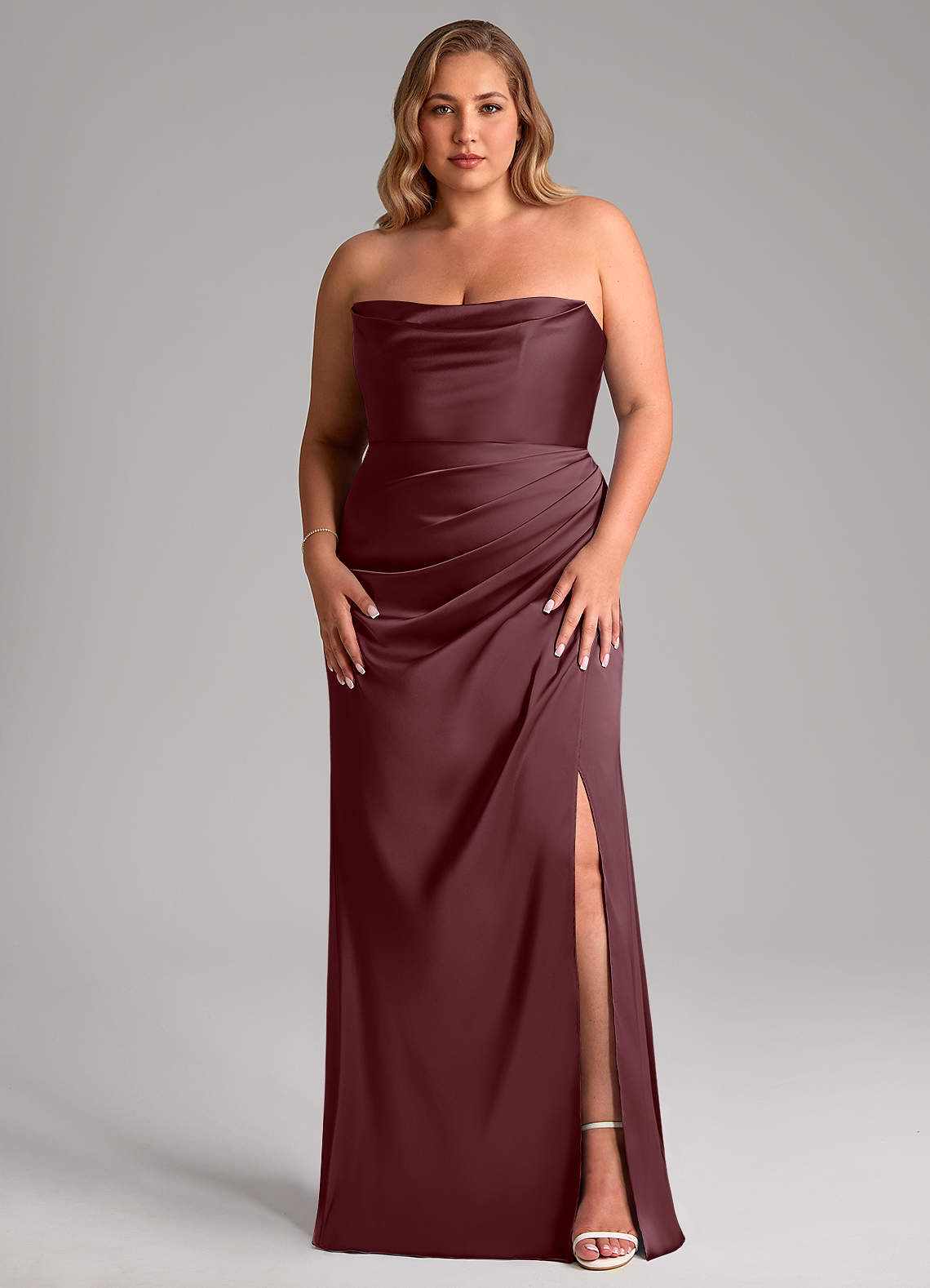 Leonis Mermaid Cowl-Neck Stretch Satin Bridesmaid Dress in Sangria