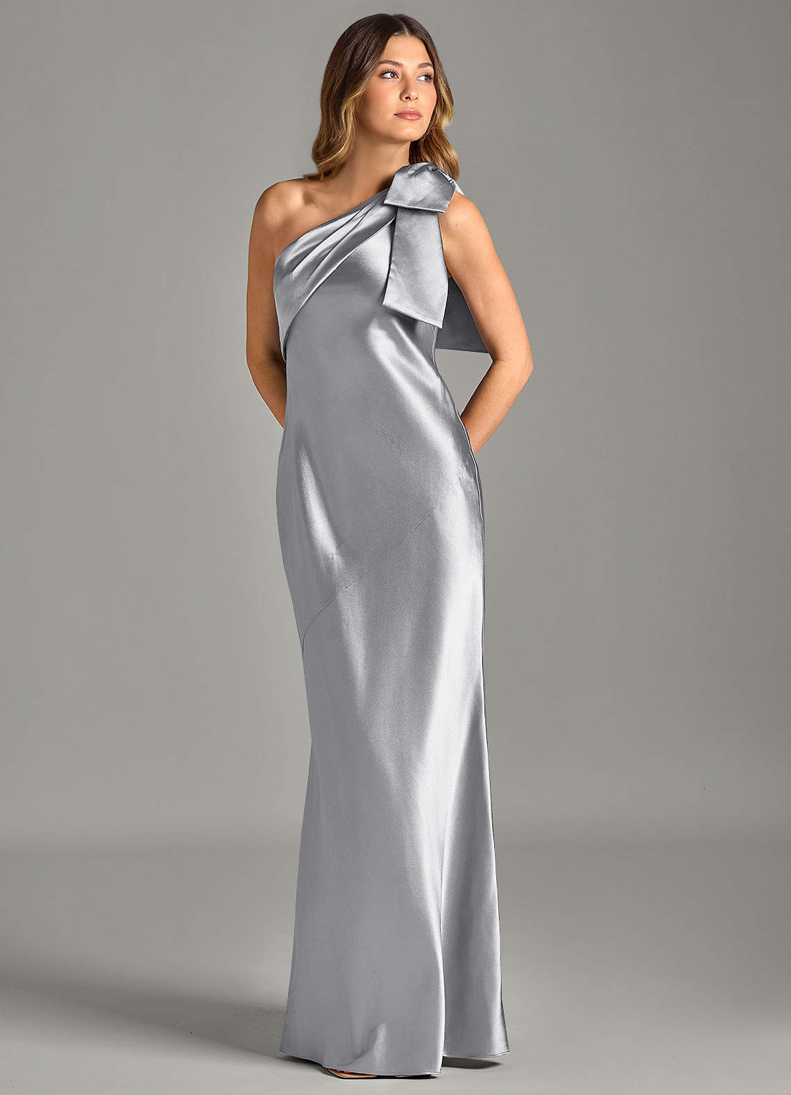 Yuanna Mermaid One-Shoulder Metallic Satin Bridesmaid Dress in Silver