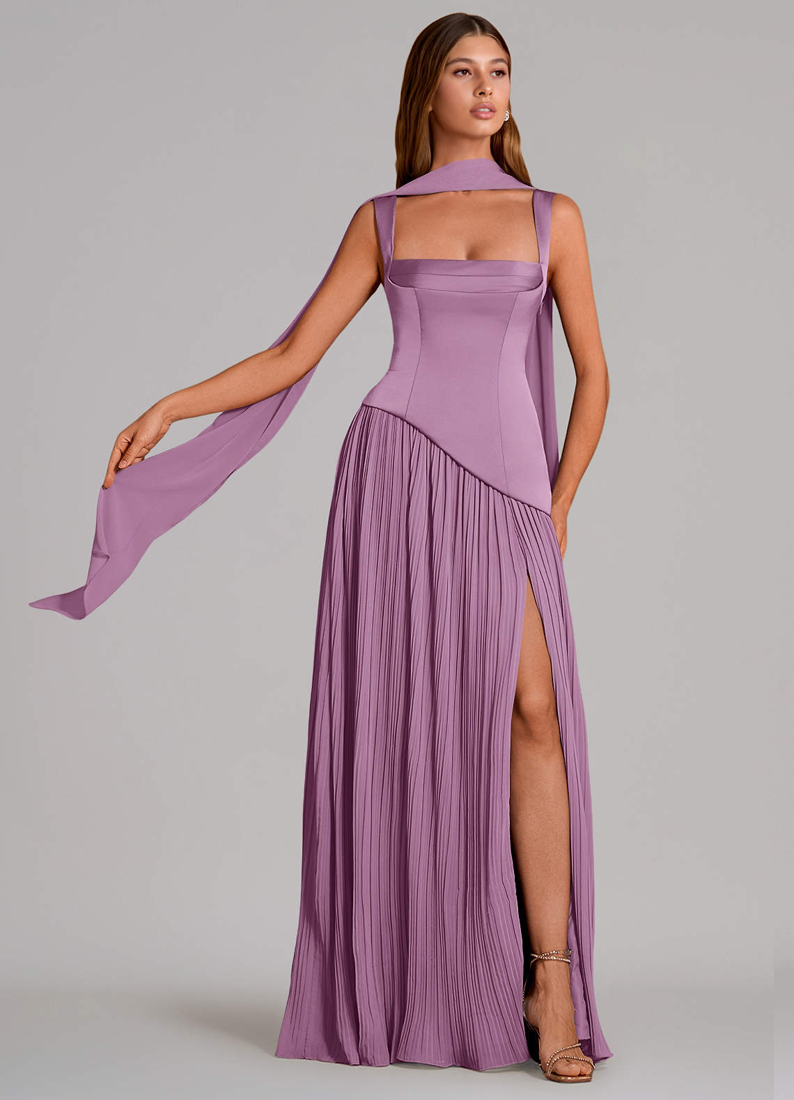Stephanie A-Line Square-Neck Stretch Satin and Chiffon Bridesmaid Dress in Wisteria