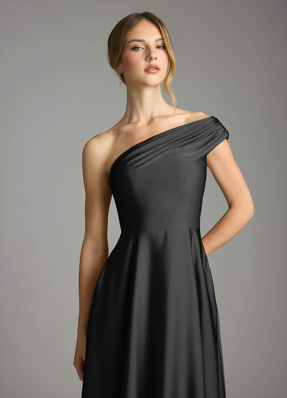 Melanie A-Line One-Shoulder Stretch Satin Bridesmaid Dress