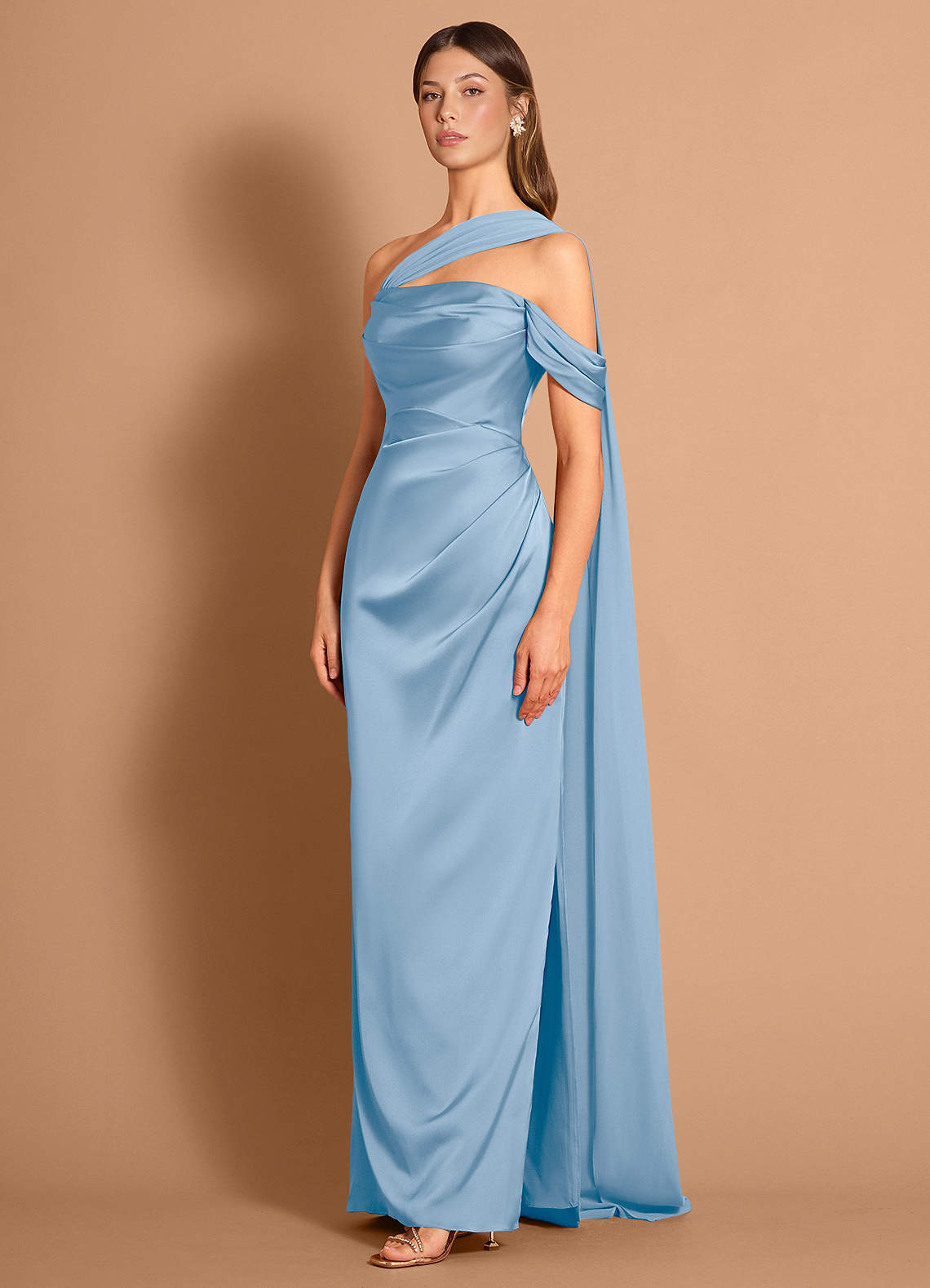 Meliora Asymmetric Strapless Chiffon-Drape Stretch Satin Evening Dress in Haze blue