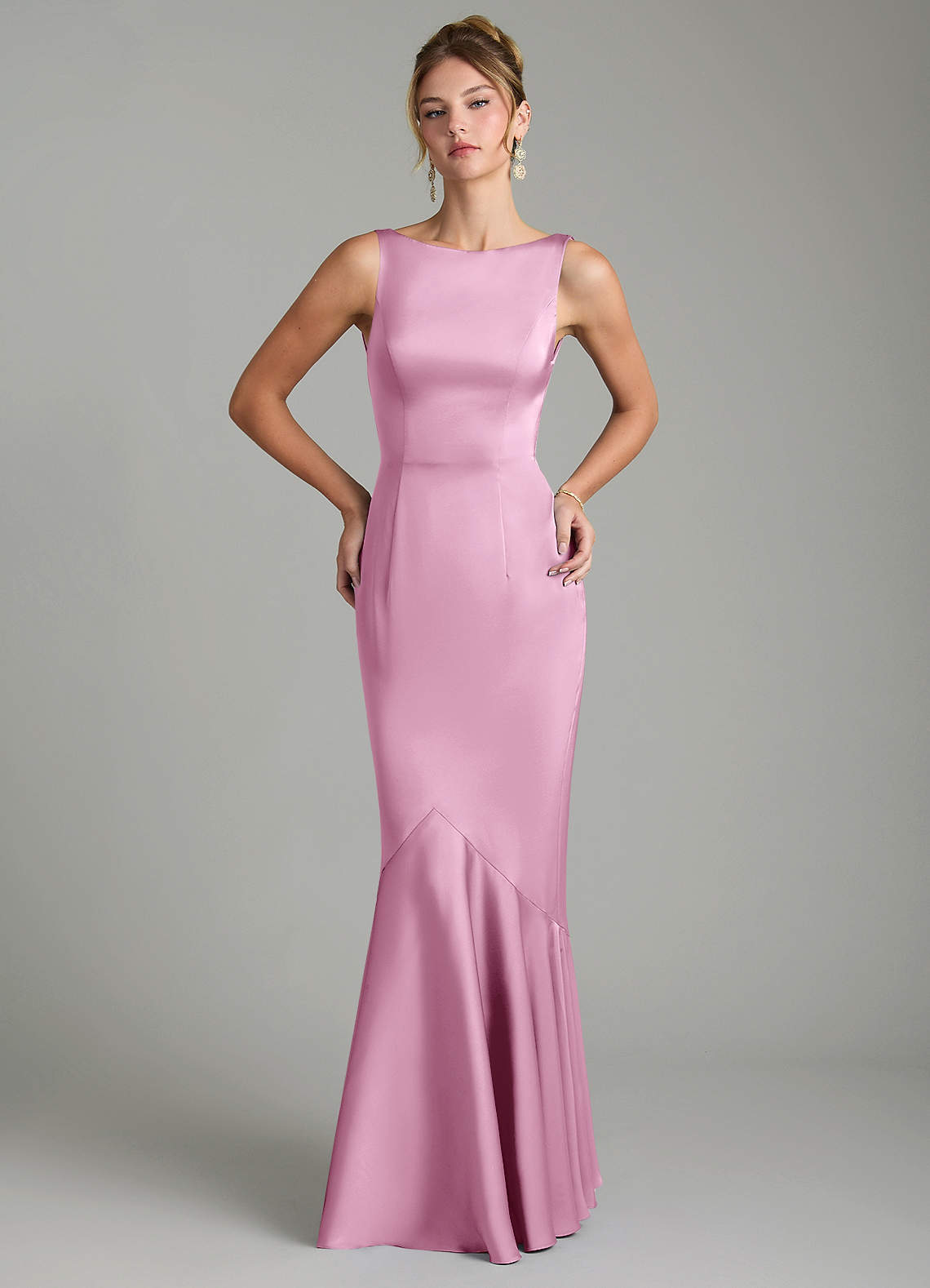 Tamera Mermaid Boat-Neck Stretch Satin and Chiffon Bridesmaid Dress in candy pink