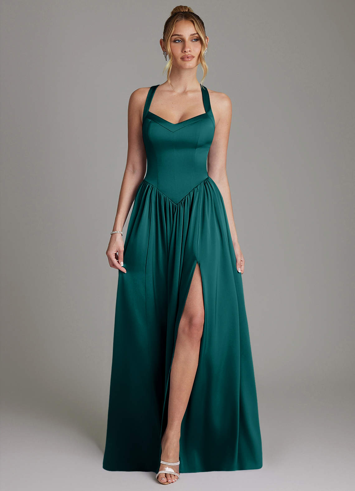 Francis A-Line V-Neck Stretch Satin Bridesmaid Dress in Peacock