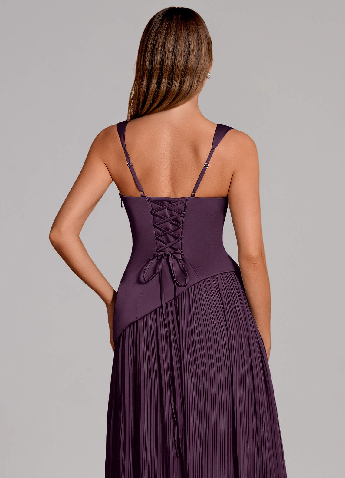 Stephanie A-Line Square-Neck Stretch Satin and Chiffon Bridesmaid Dress in Plum