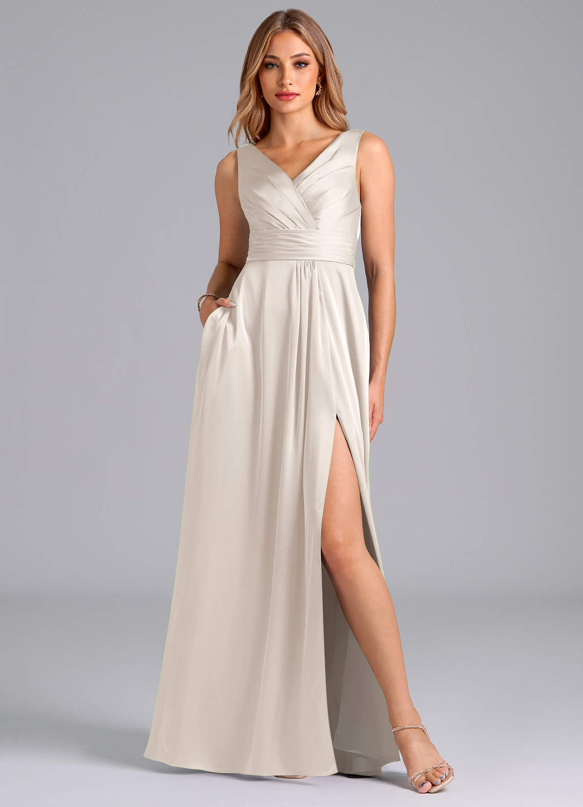 Karina A-Line V-Neck Stretch Satin Bridesmaid Dress in White Alabaster