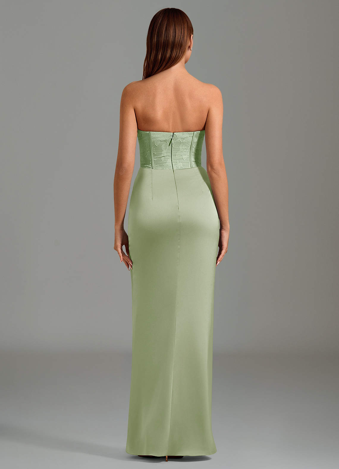 Emilia Mermaid Strapless Stretch Satin and Floral Burnout Bridesmaid Dress in Dusty Sage