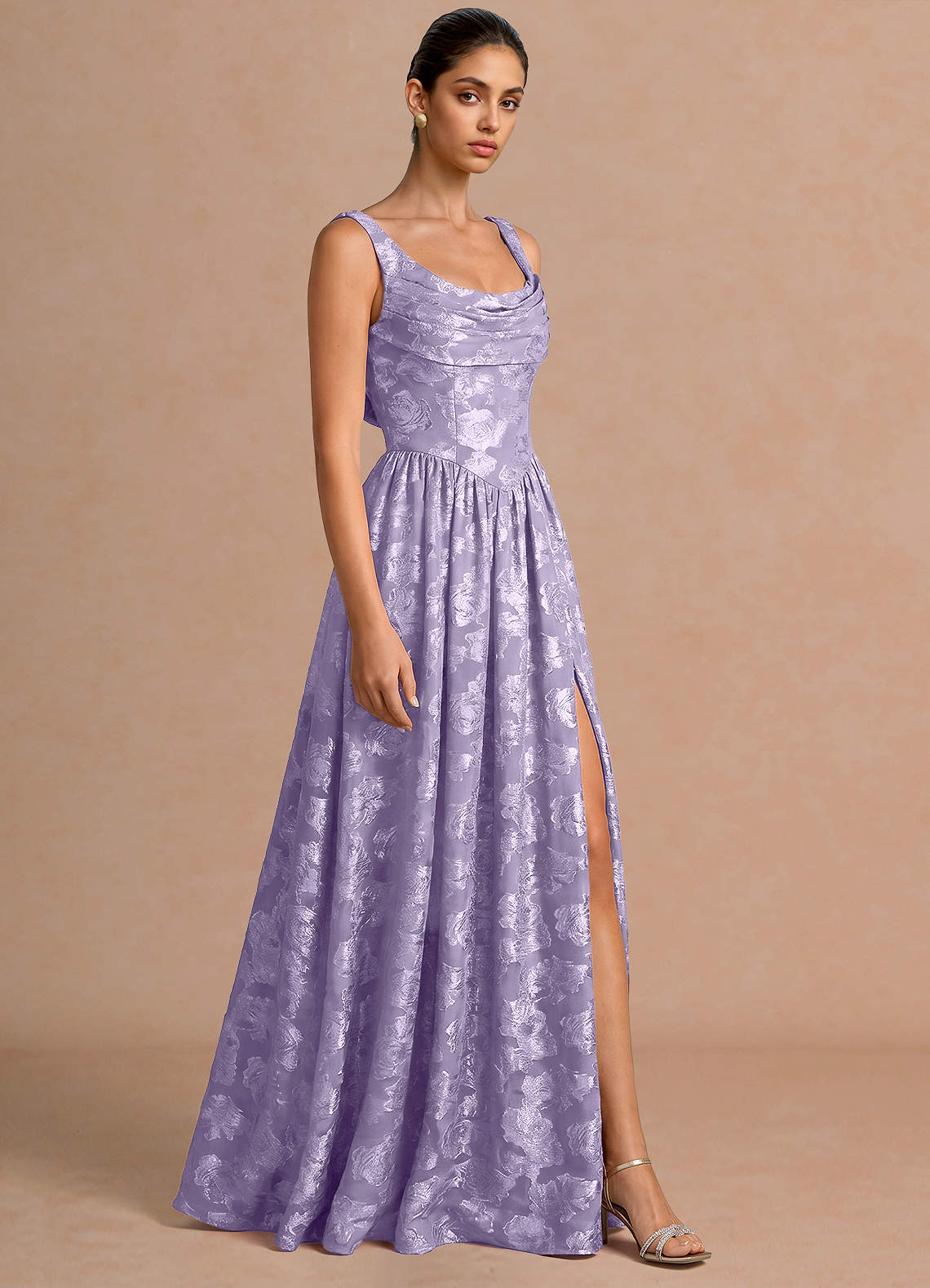 Novi A-Line Draped-Neck Floral Fil Coupé Evening Dress in Lilac