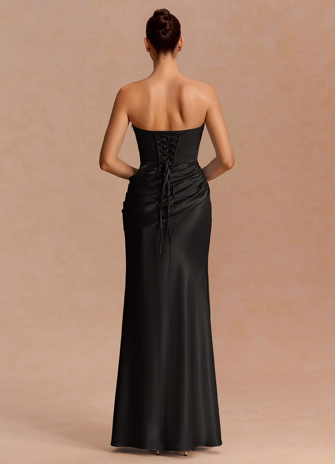 Leonie Strapless Draped-Shoulder Satin Evening Dress in Black